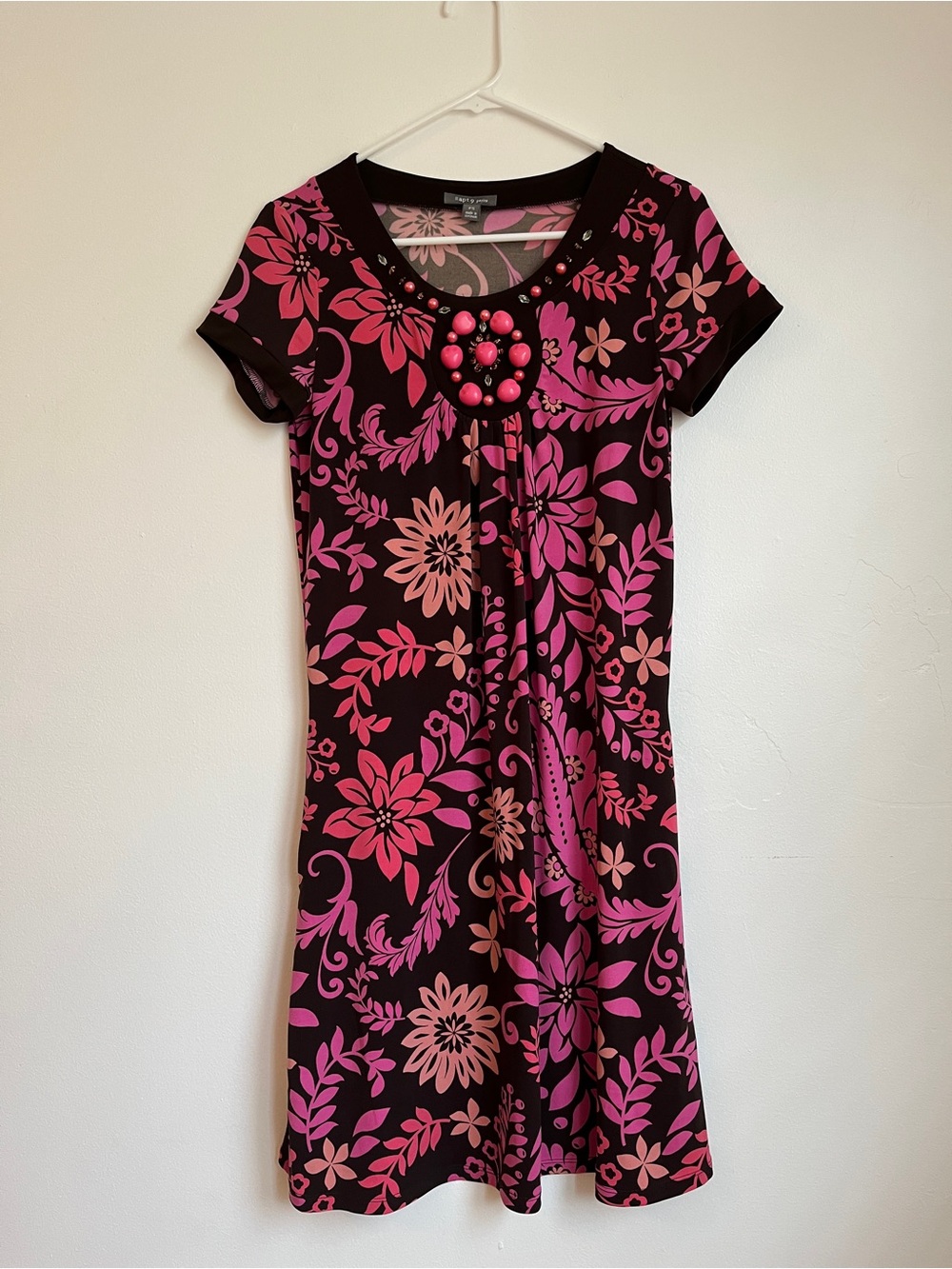 Apt. 9 Petite Brown Dress with Pink Floral Print and Beaded Neckline Size PS